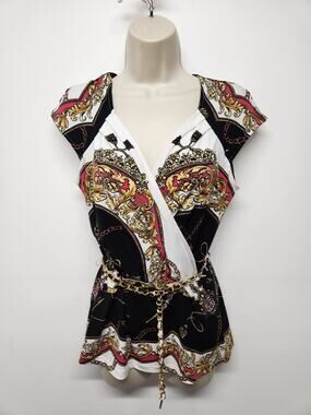 Vintage Y2K Cache Women's Baroque Chain Print Blouse Top, Size M, In White Multi